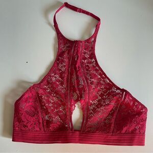 Victoria’s Secret red lace cut-out halter style bralette.